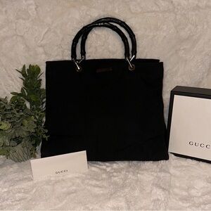 GUCCI 🖤 Bamboo handles black thick fabric tote 3 compartments Vintage Authentic
